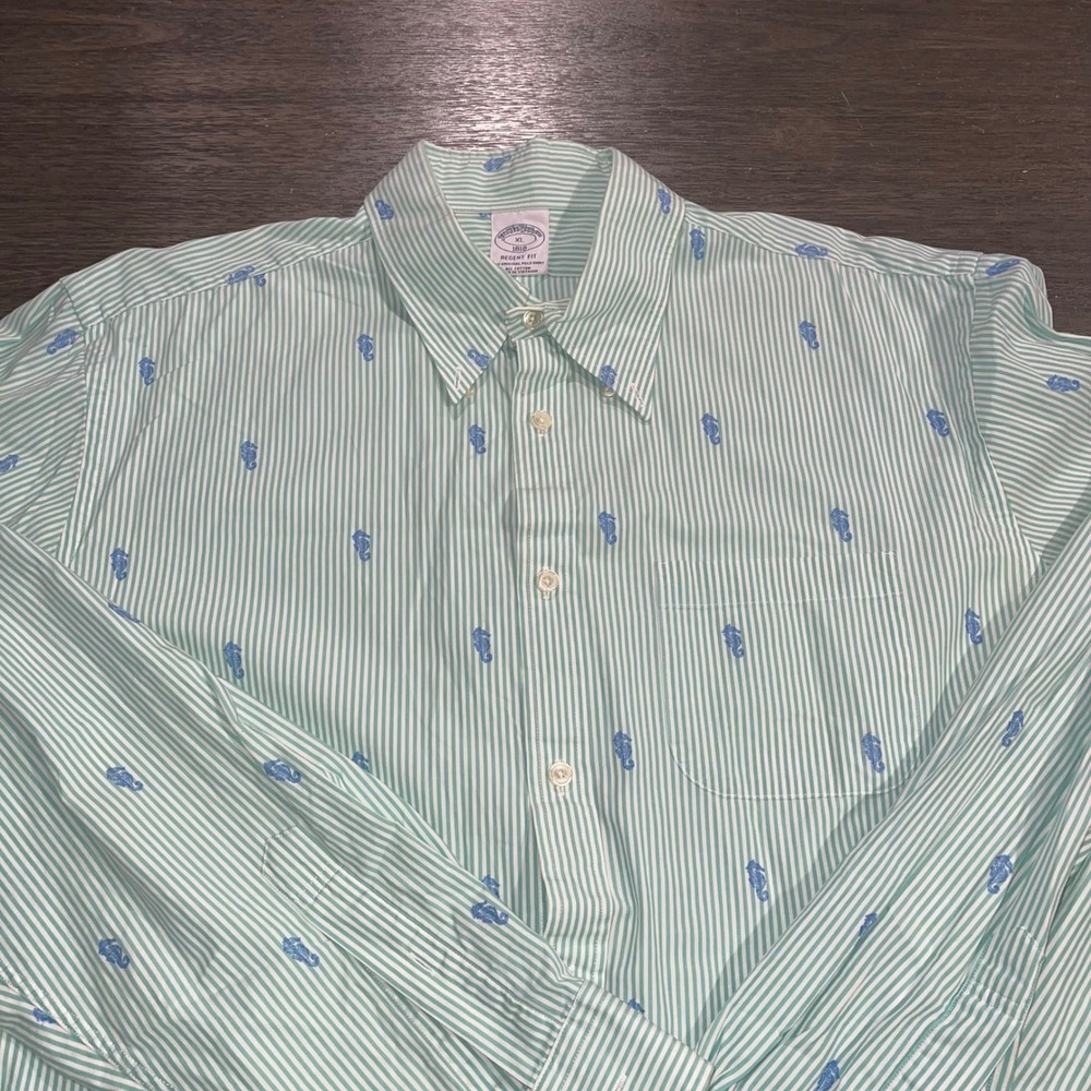 Brooks Brothers Mens XL Green Stripe Seahorse Regent Fit Button Down Shirt